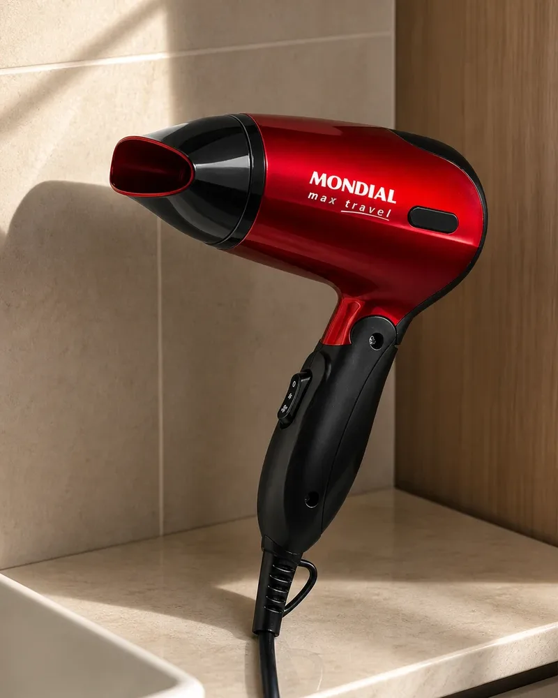Secador Mondial Max Travel vermelho encostado no balcão de madeira e pedra